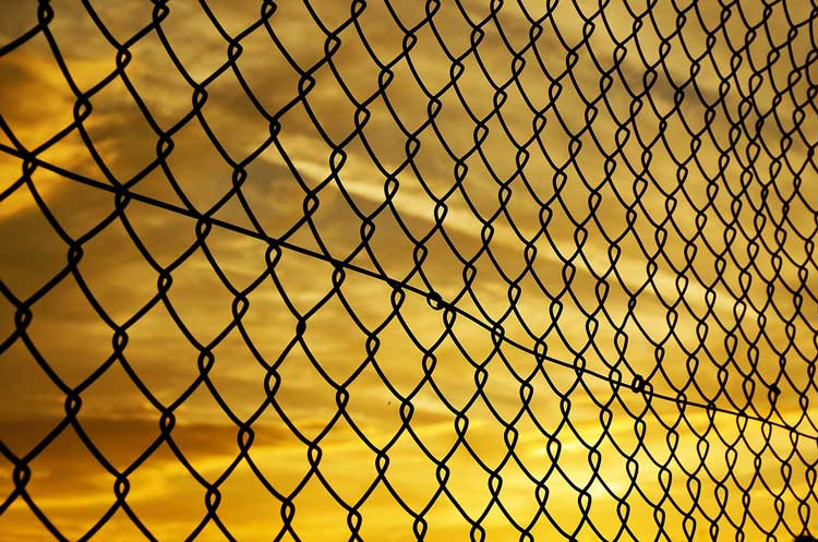Chain link fence against a yellow sky